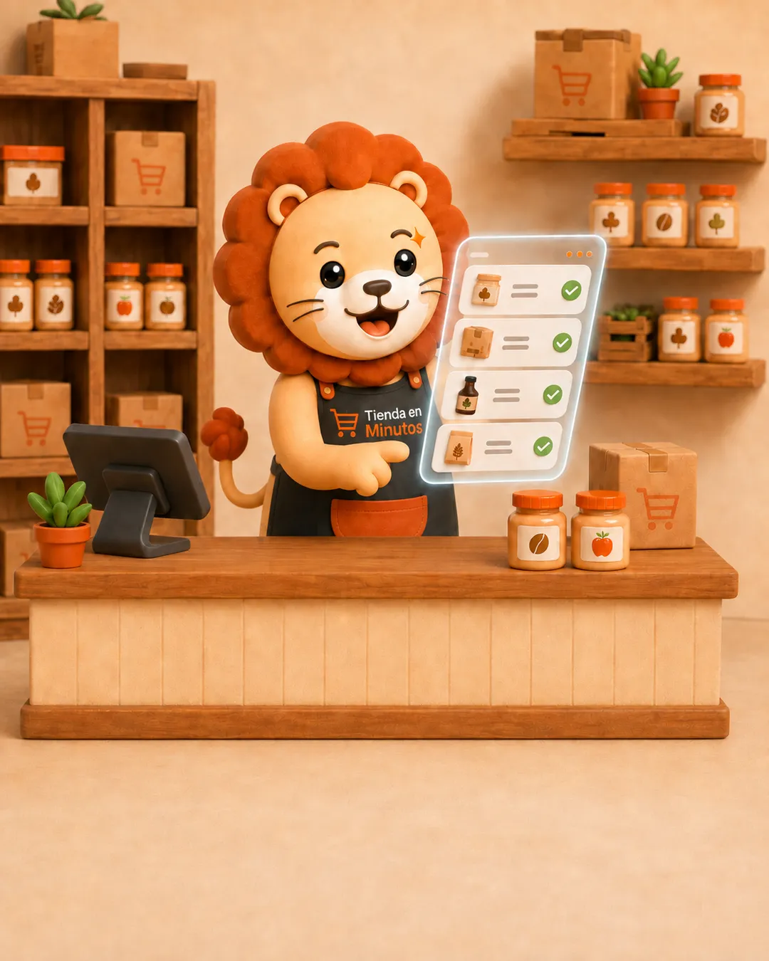 Mascota de Tienda en Minutos detrás del mostrador, revisando una lista de pedidos