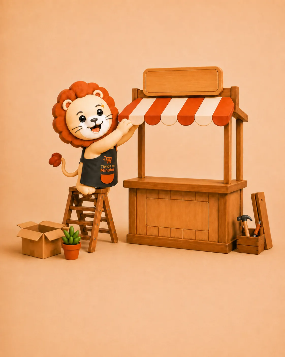 Mascota de Tienda en Minutos armando el toldo de un puesto de mercado, listo para abrir